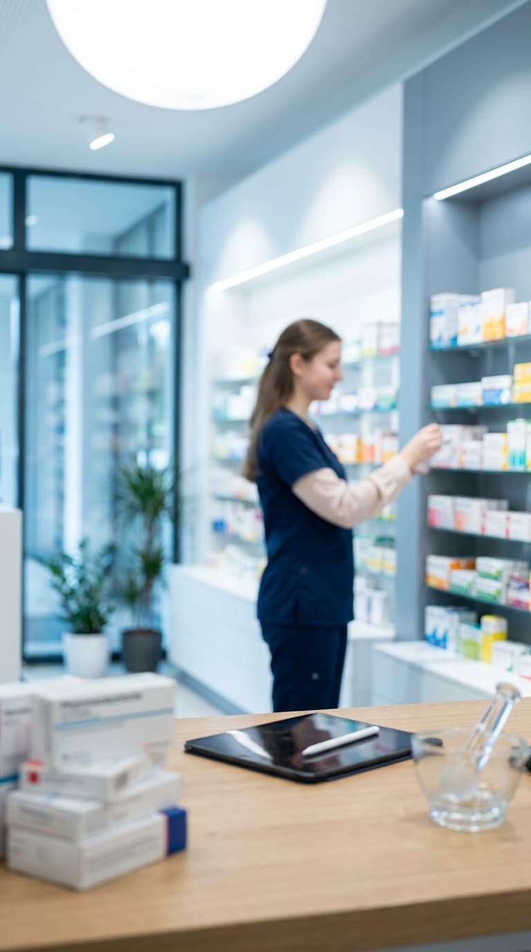 Eine Apothekerin in blauer Kleidung greift in einer hellen Apotheke nach einem Medikament im Regal.