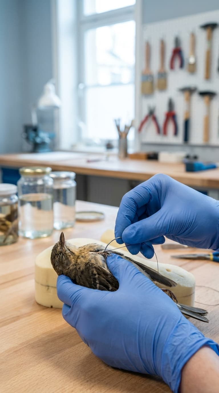Hände in blauen Handschuhen nähen einen kleinen Vogel in einer Präparationswerkstatt.