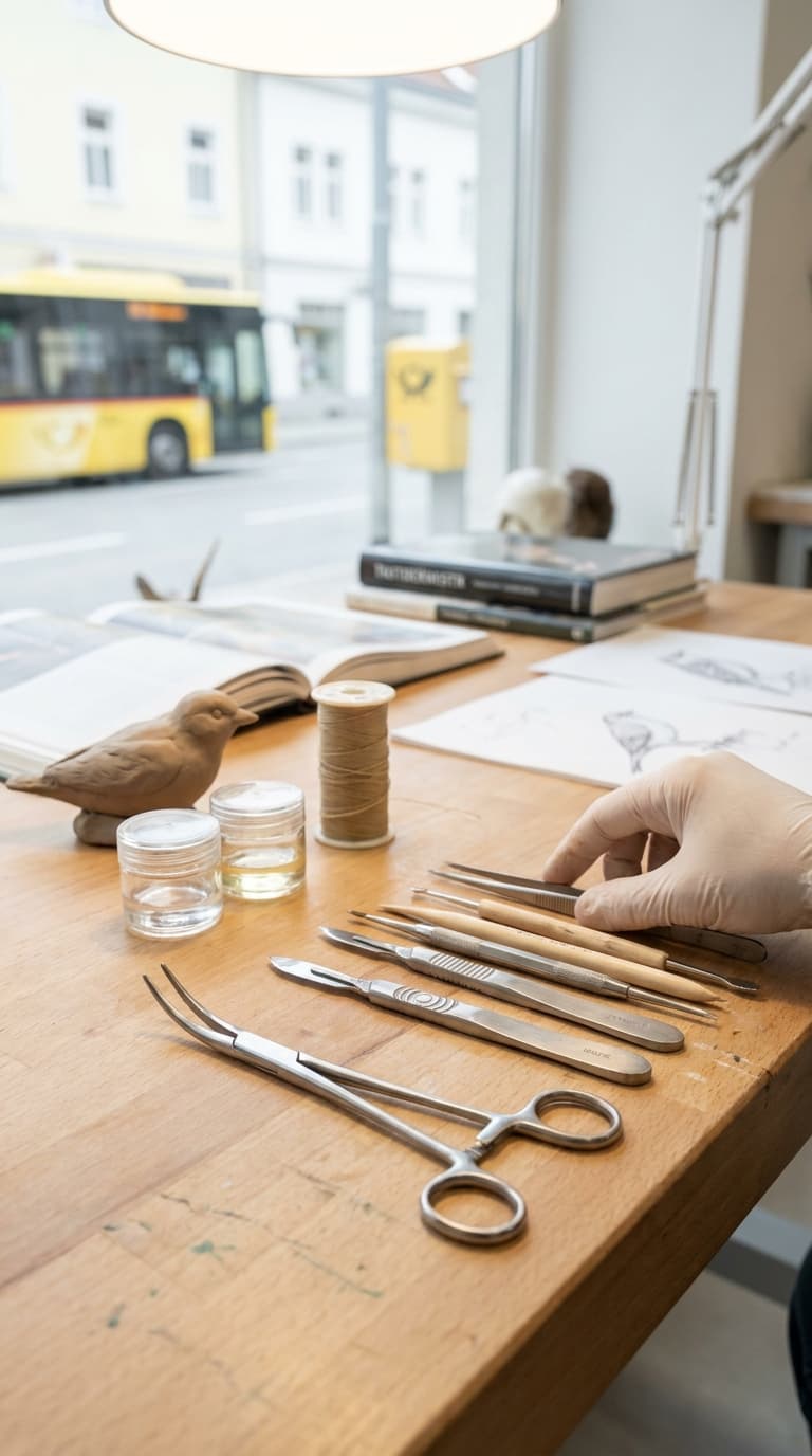 Eine behandschuhte Hand greift auf einem Arbeitstisch für Tierpräparation nach Werkzeugen wie Skalpell und Pinzette.