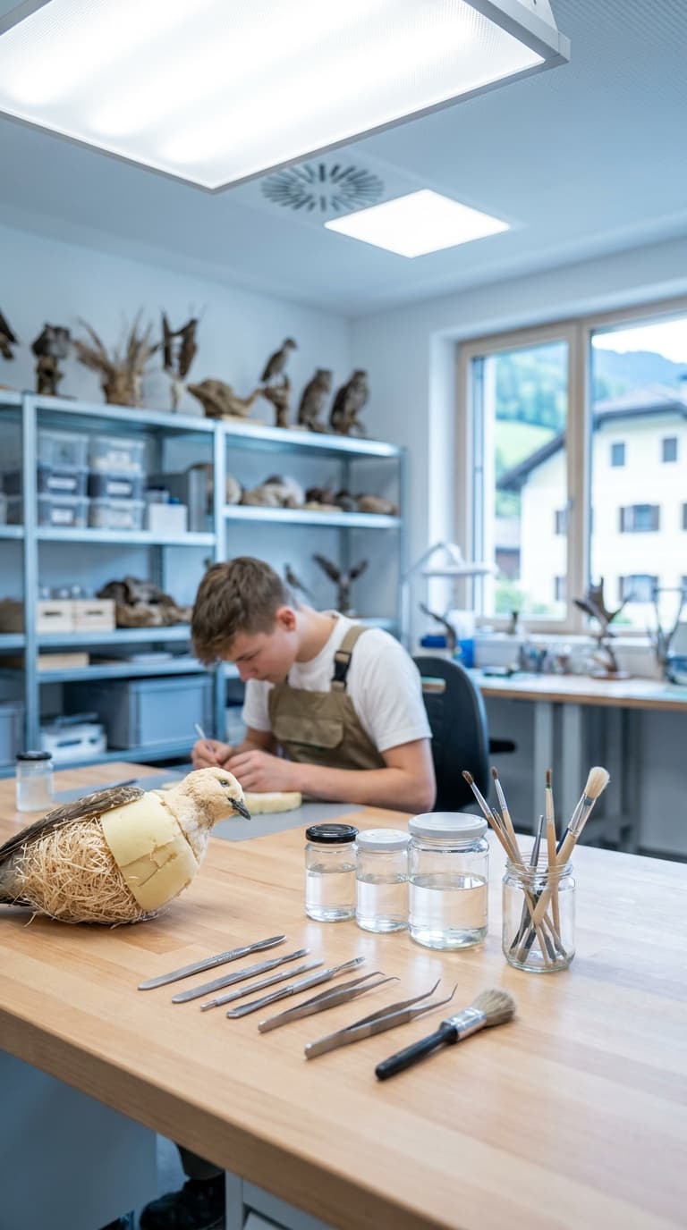 Ein Lehrling arbeitet in einer Präparationswerkstatt an einem Vogelmodell; vorne liegen Skalpelle und Pinsel.