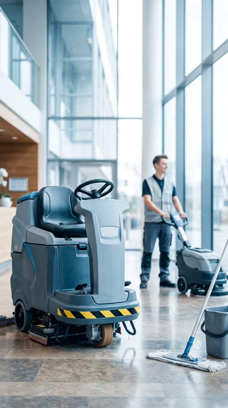Ein Gebäudereiniger arbeitet mit einer Reinigungsmaschine in einer Lobby, im Vordergrund steht eine Aufsitzmaschine.