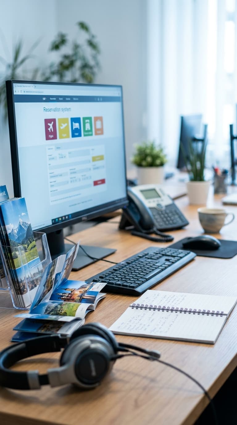 Arbeitsplatz im Reisebüro mit Buchungsportal auf dem Monitor, Reiseprospekten, Headset und Notizbuch.