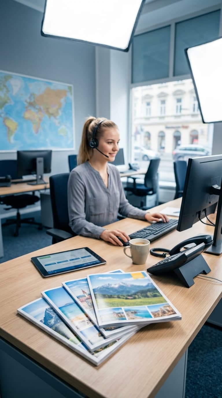 Eine Büroangestellte mit Headset arbeitet lächelnd am Computer an ihrem Schreibtisch mit Broschüren.