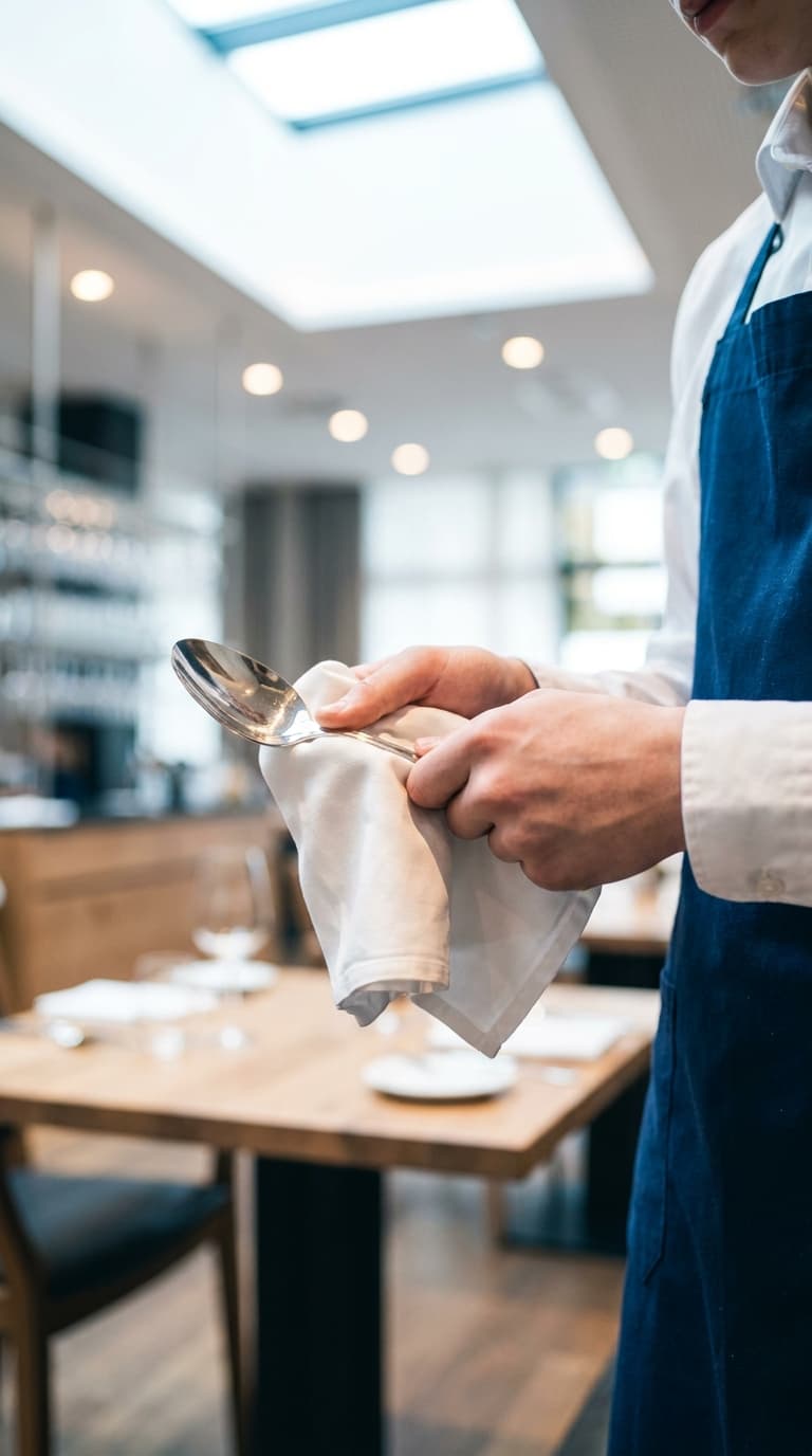 Eine Servicekraft poliert in einem Restaurant einen Löffel mit einem weißen Tuch.