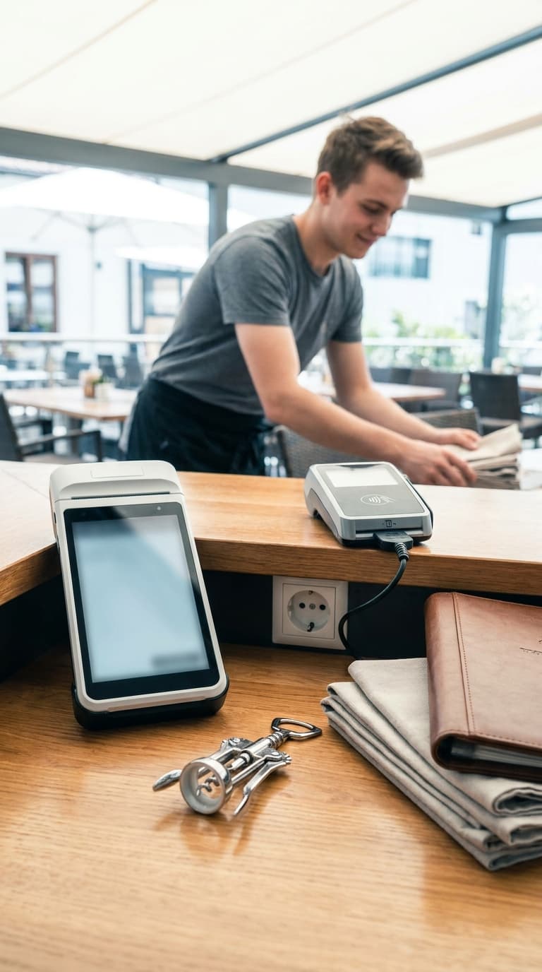 Ein Restaurantfachmann ordnet Servietten hinter einer Theke mit Kartenlesegeräten und Korkenzieher.