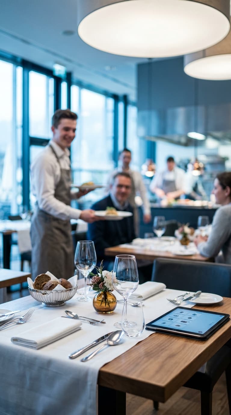 Ein Restaurantfachmann serviert Gästen in einem modernen Restaurant Essen an den Tisch.