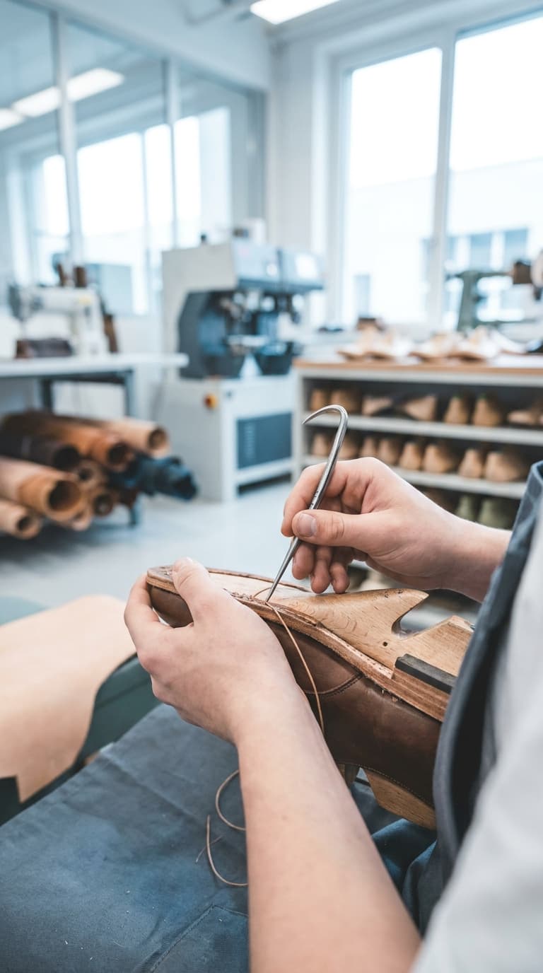 Ein Schuhmacher bearbeitet mit einer gebogenen Ahle die Sohle eines braunen Lederschuhs in einer Werkstatt.