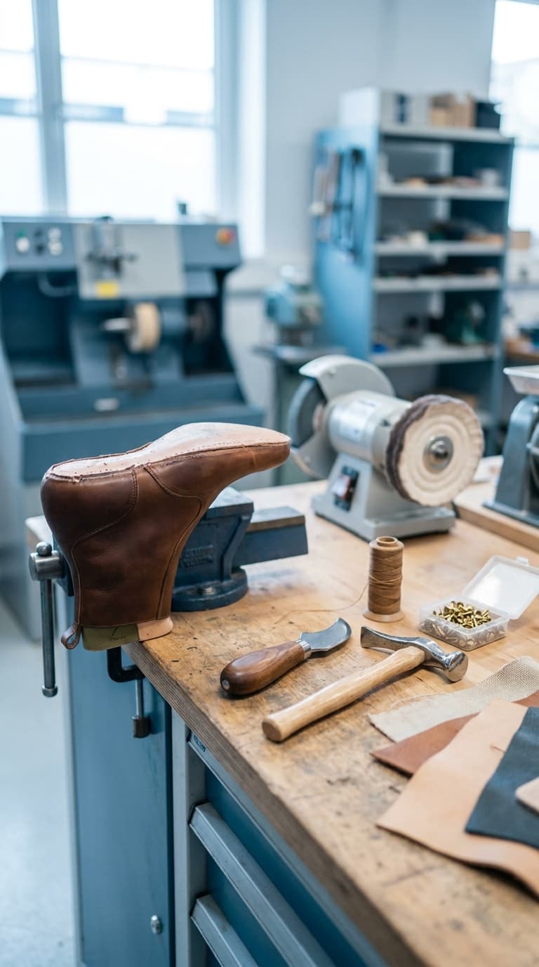 Lederschuh im Schraubstock auf einer Werkbank mit Schusterhammer, Messer und Garn in einer Schuhmacherwerkstatt.