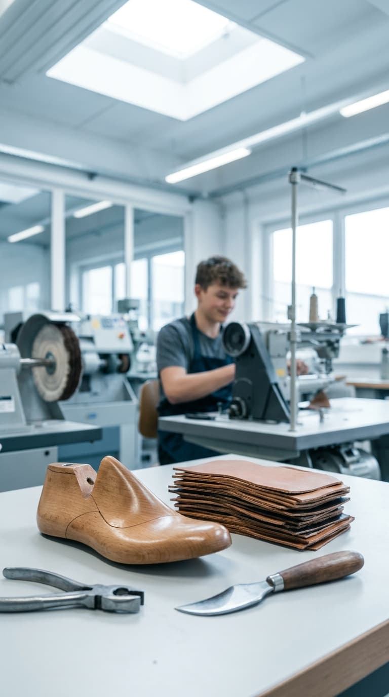 Ein Schuhleisten, Leder und Werkzeug auf einer Werkbank; im Hintergrund arbeitet ein Schuhmacher an einer Maschine.