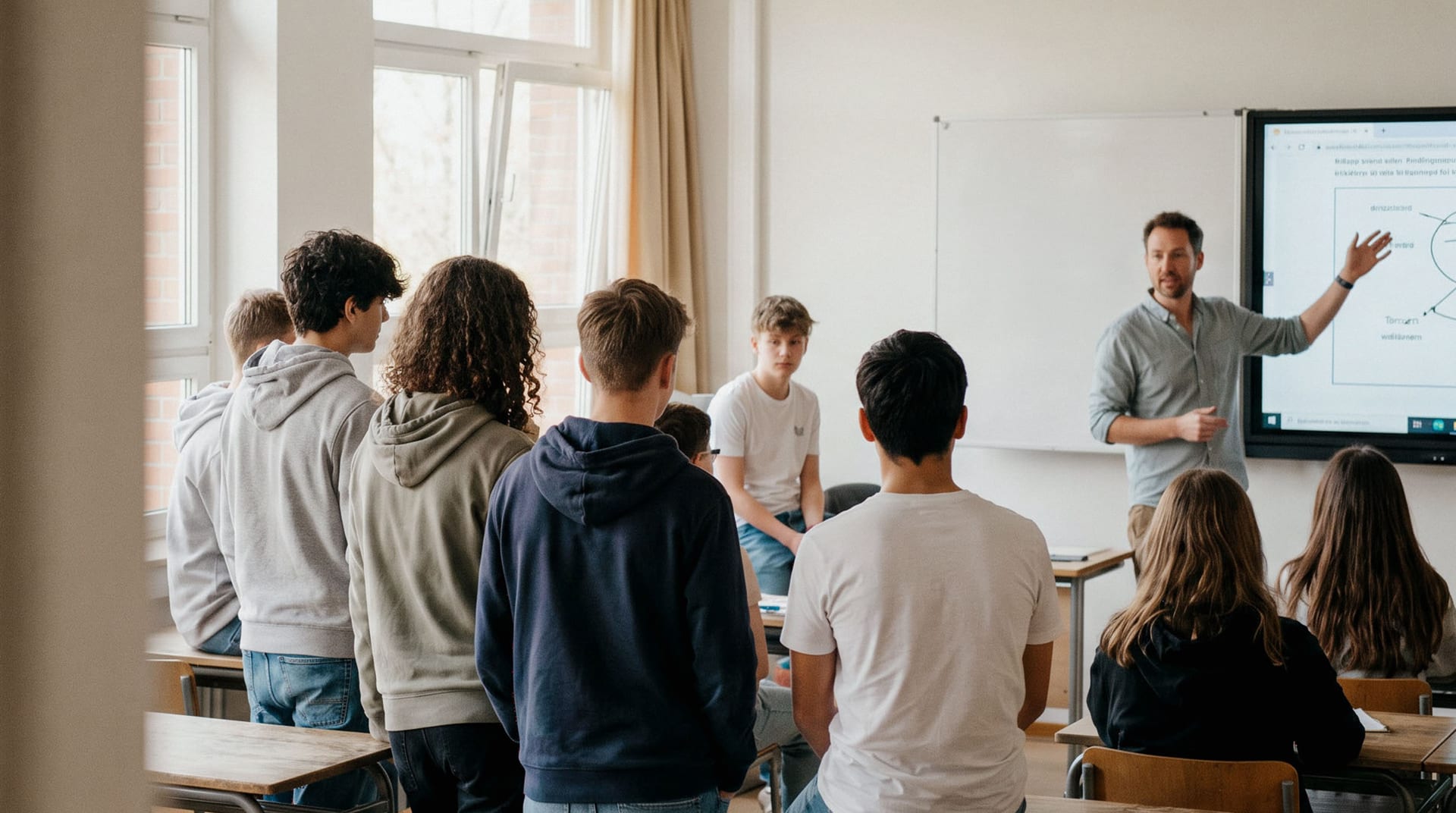 Eine Lehrkraft erklärt Jugendlichen im Klassenzimmer ein Schaubild auf einer digitalen Tafel.
