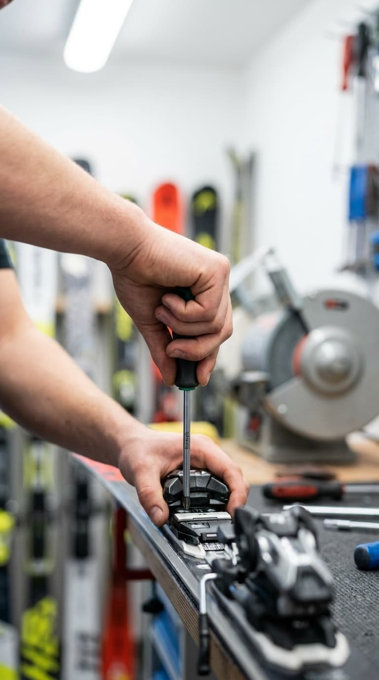 Ein Handwerker justiert eine Skibindung mit einem Schraubendreher in einer Werkstatt.