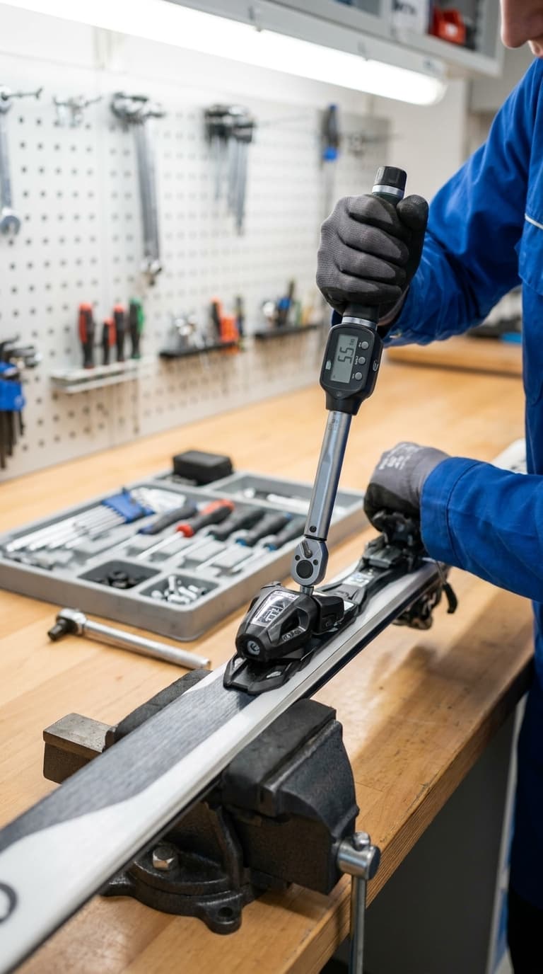 Ein Skitechniker stellt mit einem digitalen Drehmomentschlüssel die Bindung eines eingespannten Skis ein.