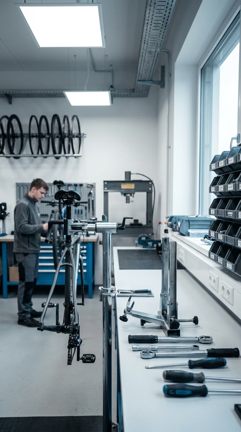 Ein Zweiradmechatroniker repariert ein Fahrrad in einer Werkstatt, während im Vordergrund Werkzeug auf der Werkbank liegt.