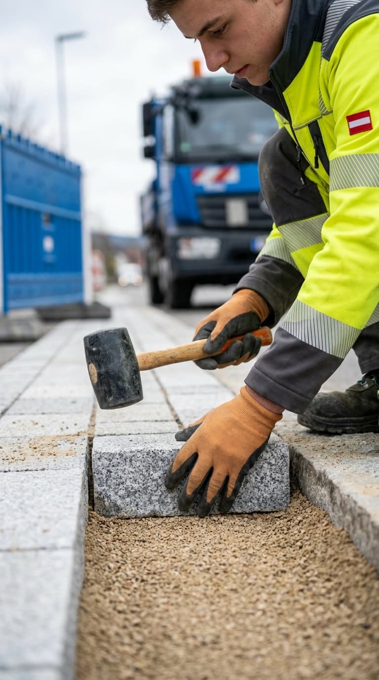 Ein Straßenbauer setzt auf einer Baustelle mit einem Gummihammer einen Pflasterstein in ein Kiesbett.
