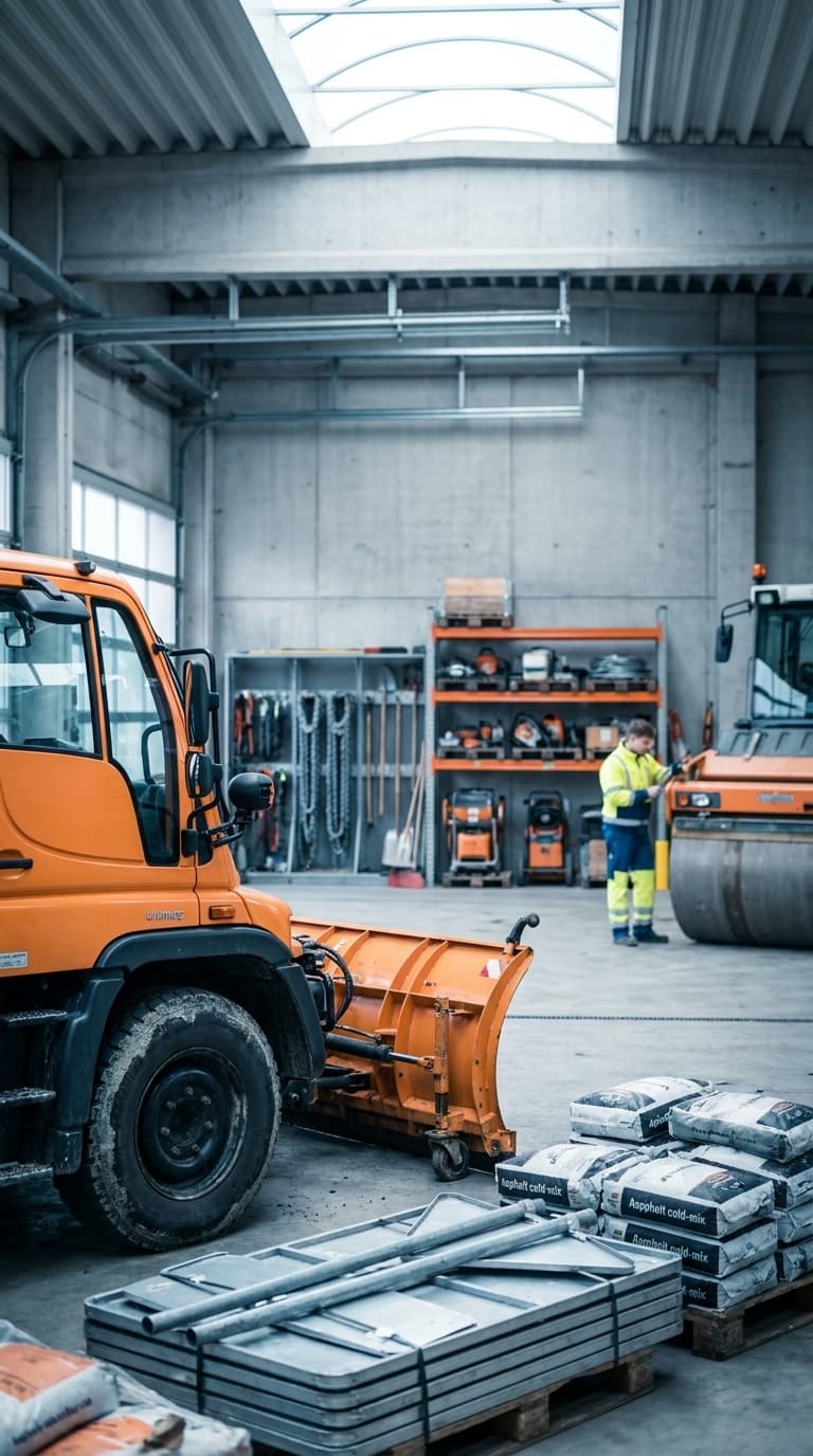 Ein Straßenwärter in Warnkleidung steht in einer Fahrzeughalle bei einem orangefarbenen Schneepflug und einer Walze.