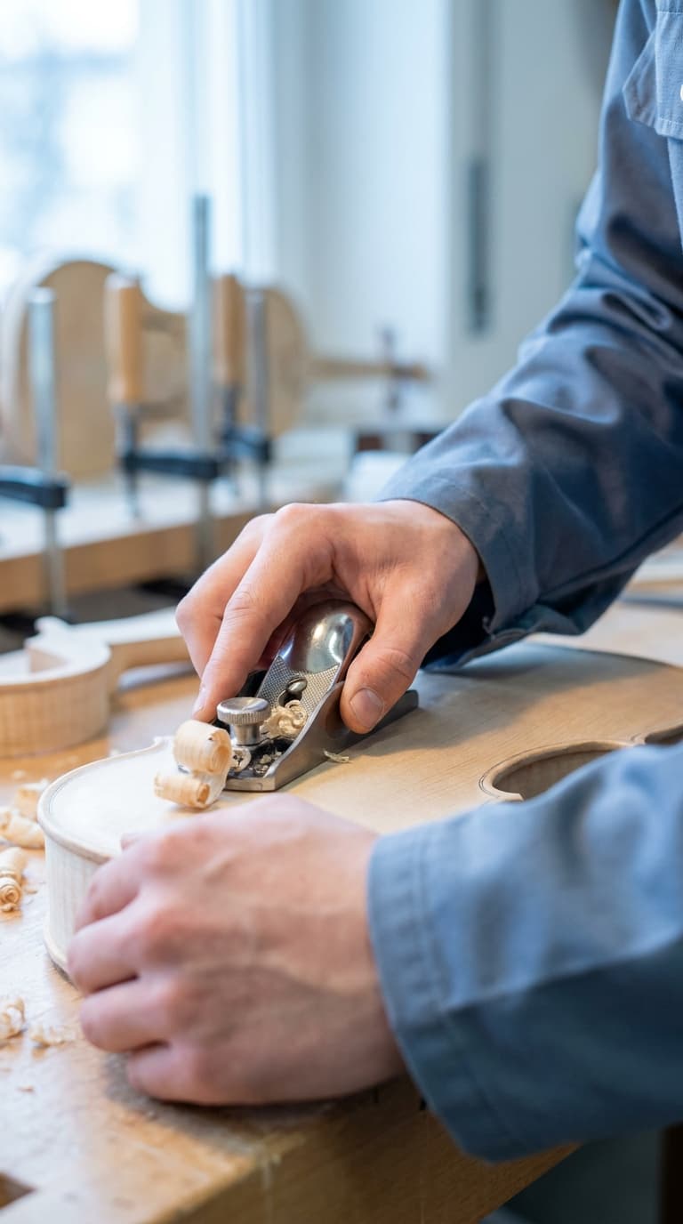 Ein Geigenbauer hobelt die Holzdecke einer Violine mit einem kleinen Hobel an einer Werkbank.
