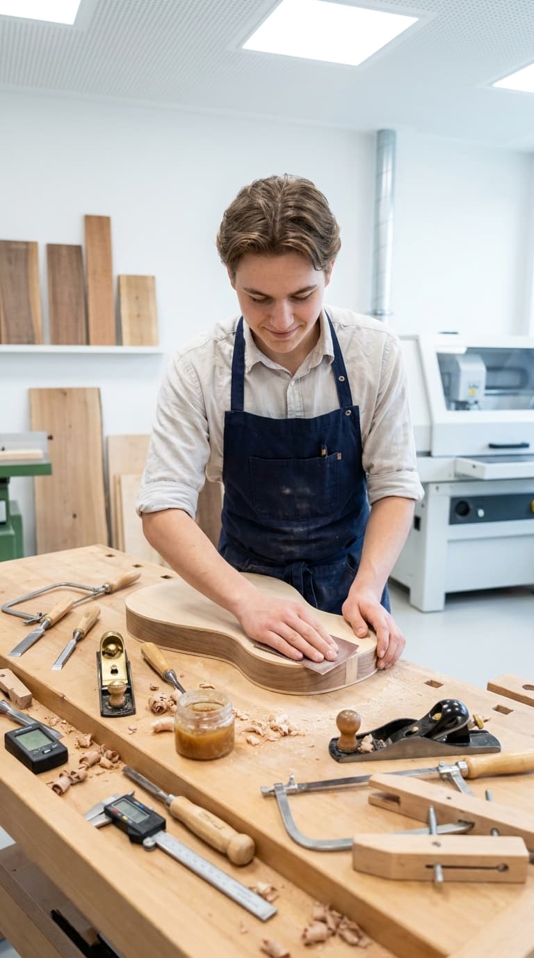 Ein Gitarrenbauer schleift einen hölzernen Gitarrenkorpus an einer Werkbank mit verschiedenen Werkzeugen.