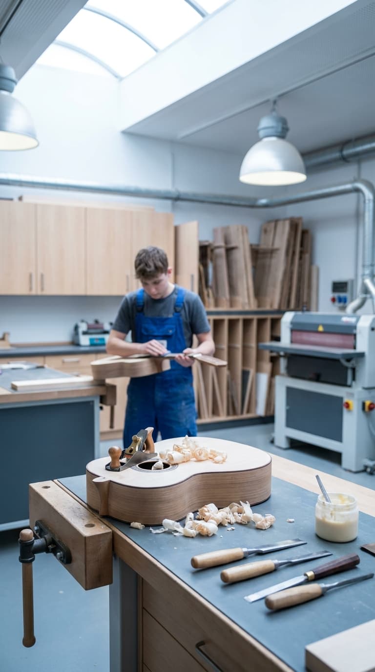 Ein Lehrling arbeitet in einer Holzwerkstatt an einer Gitarre, im Vordergrund liegen Hobel und Stechbeitel.