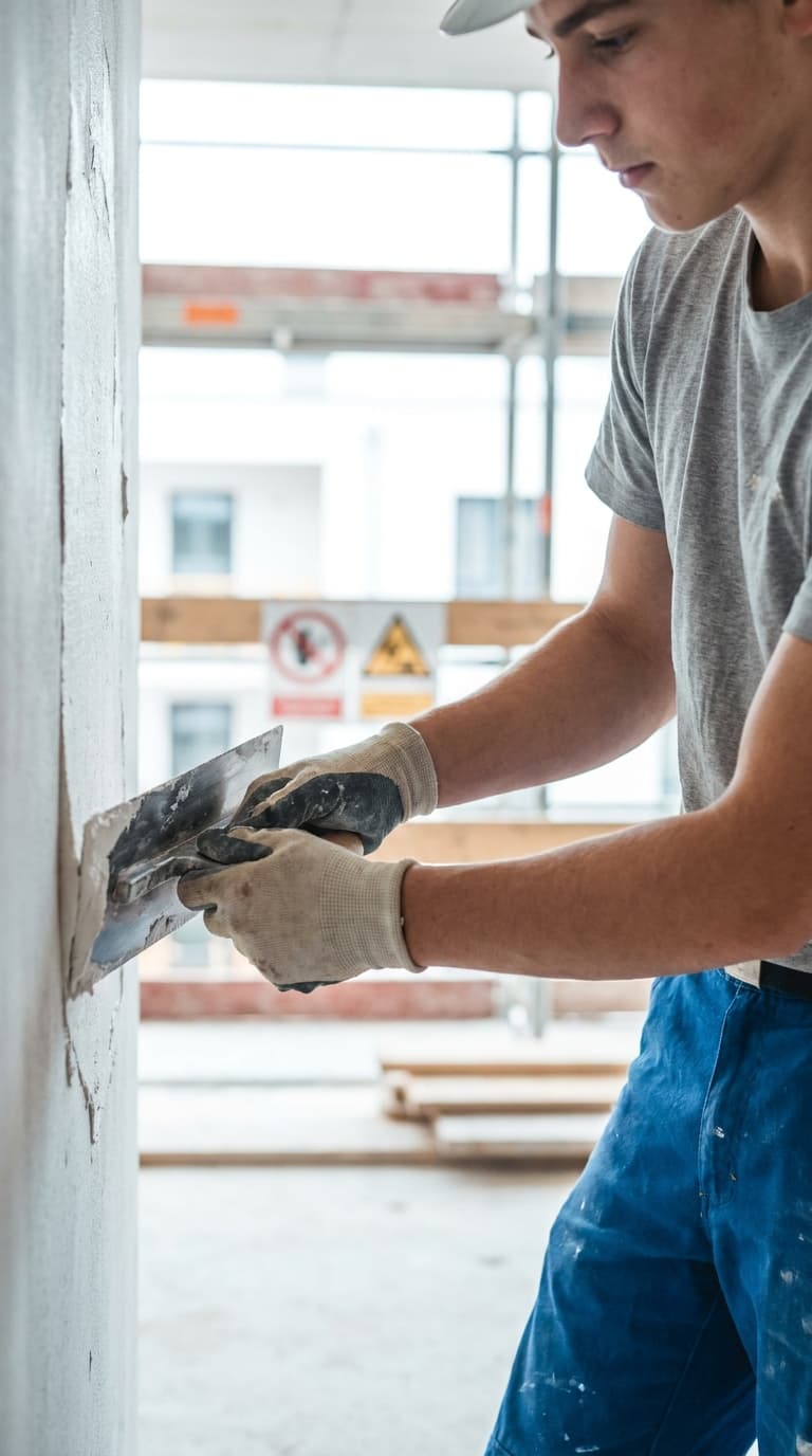 Ein junger Handwerker verputzt eine Wand mit einer Glättkelle.