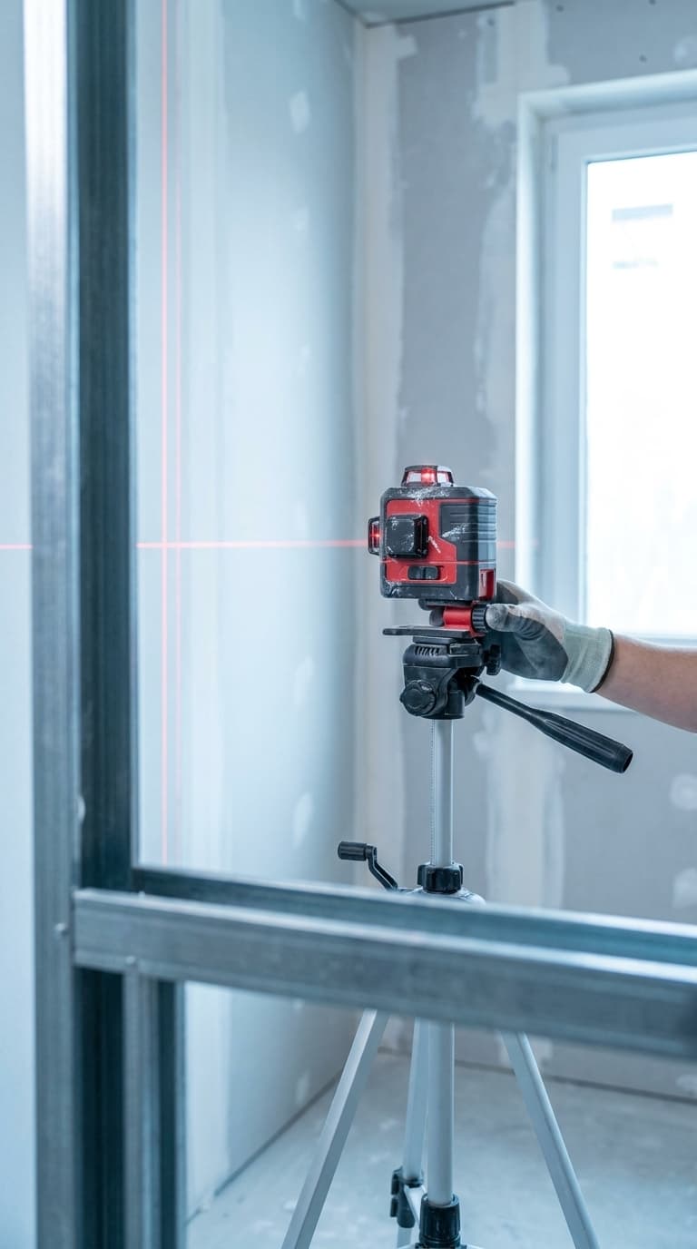 Hand mit Arbeitshandschuh richtet einen Kreuzlinienlaser auf einem Stativ im Trockenbau aus.