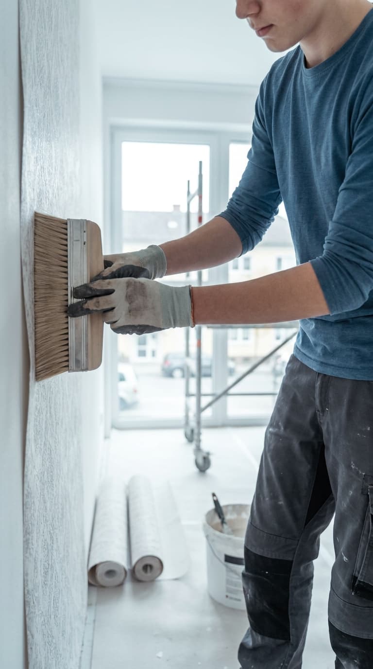 Ein Lehrling streicht eine Tapete mit einer Tapezierbürste an der Wand glatt.
