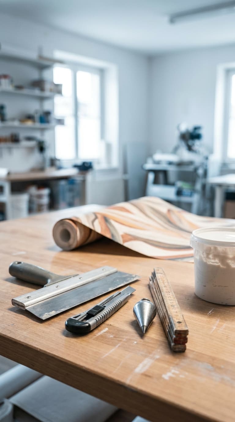 Tapezierwerkzeuge wie Spachtel, Cutter, Senklot, Zollstock und Kleister auf einem Holztisch vor einer Tapetenrolle.