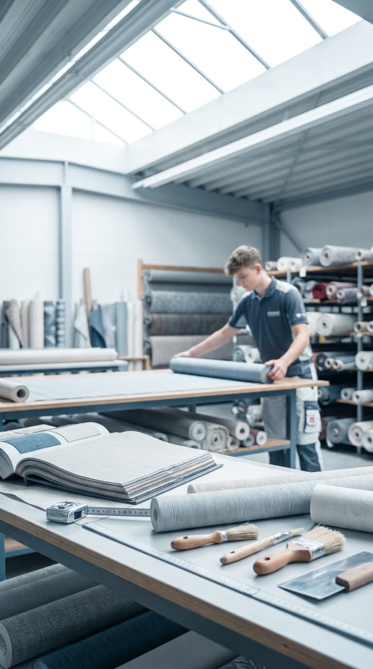 Ein Lehrling rollt Tapete auf einem Arbeitstisch aus, im Vordergrund liegen Tapezierwerkzeuge und Musterbücher.