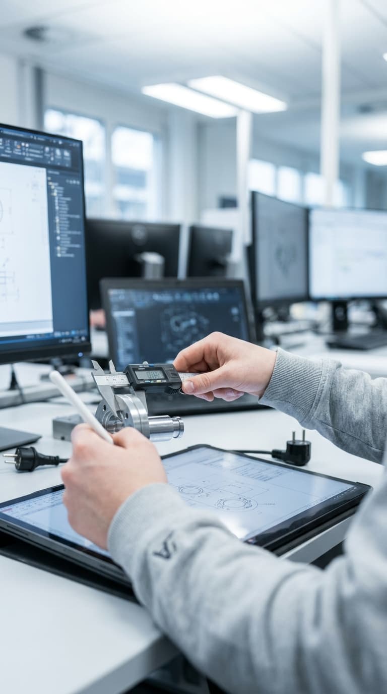 Person misst ein Metallteil mit einem digitalen Messschieber über einem Tablet mit technischer Zeichnung.