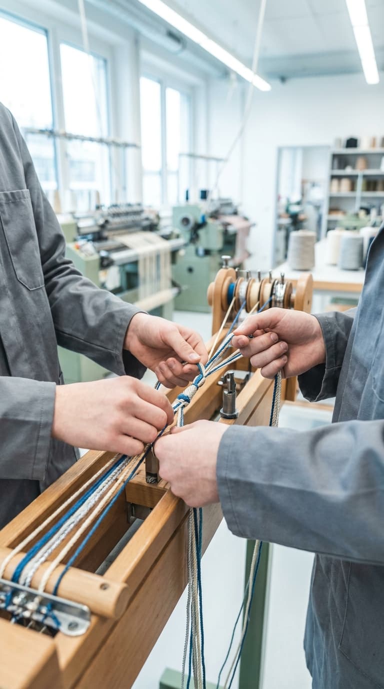 Zwei Personen in Arbeitskleidung flechten blaue und weiße Kordeln an einer Holzvorrichtung in einer Textilwerkstatt.