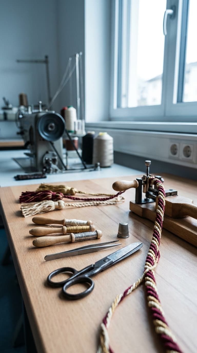 Schere, Pinzette, Garnspulen und eine gedrehte Kordel liegen auf einem hölzernen Arbeitstisch vor einer Nähmaschine.