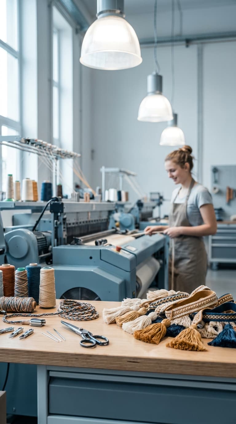 Eine Weberin arbeitet an einer Webmaschine; im Vordergrund liegen bunte Garnrollen und Quasten auf einem Holztisch.