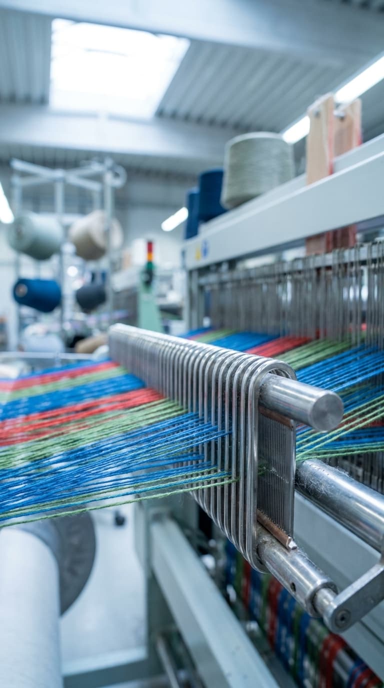 Bunte Fäden laufen in einer Textilfabrik durch die metallene Führung einer Webmaschine.