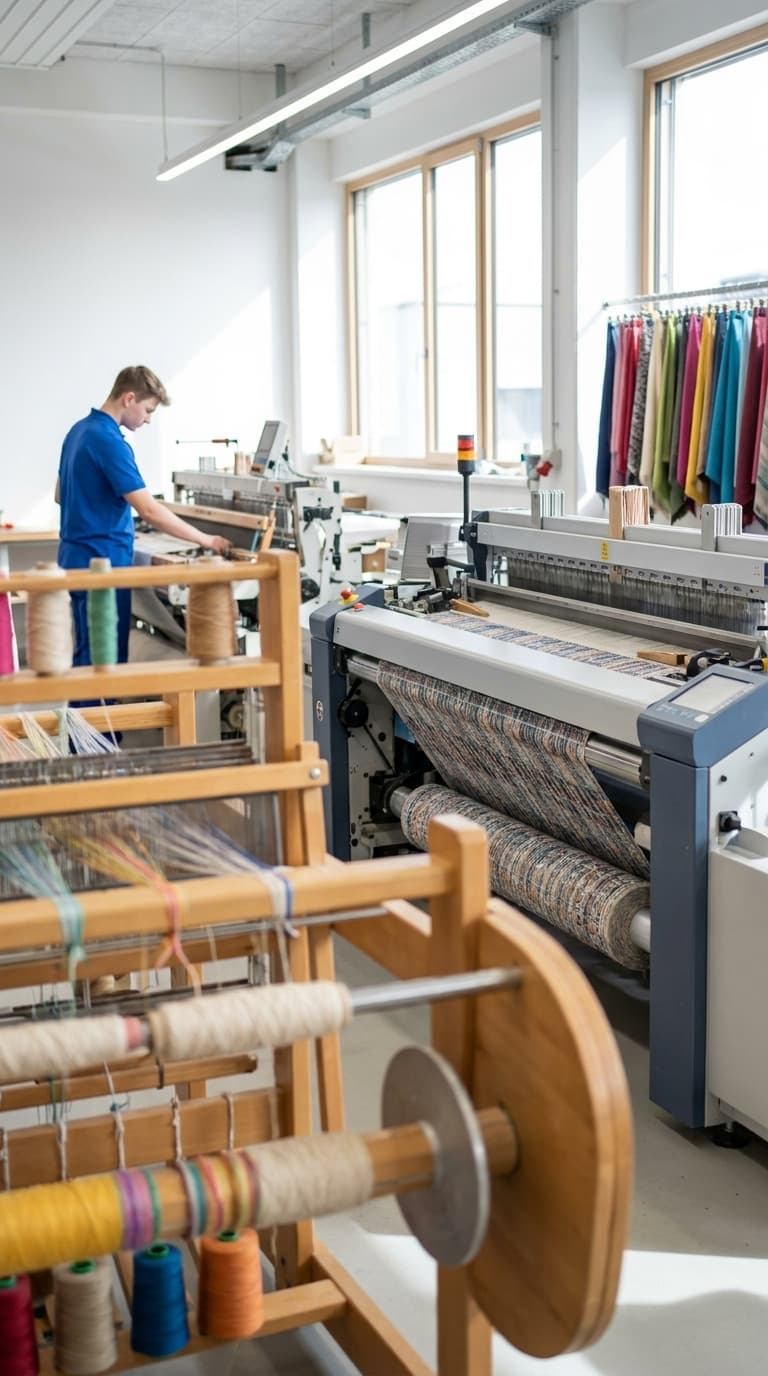 Ein Lehrling bedient eine industrielle Webmaschine in einer hellen Textilwerkstatt mit Garnrollen im Vordergrund.