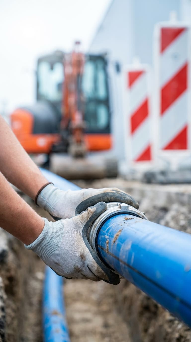 Hände in Arbeitshandschuhen verbinden ein blaues Wasserrohr auf einer Baustelle mit einem Bagger im Hintergrund.