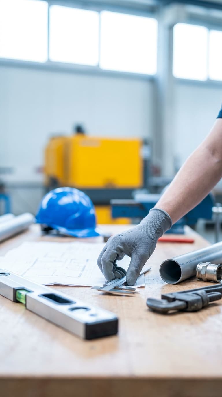 Eine Hand im Arbeitshandschuh hält einen Messschieber auf einer Werkbank mit Wasserwaage, Rohr und Schutzhelm.