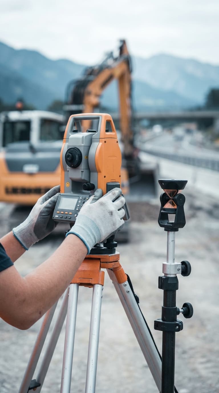 Hände in Arbeitshandschuhen bedienen ein Tachymeter auf einer Baustelle, im Hintergrund steht ein Bagger.