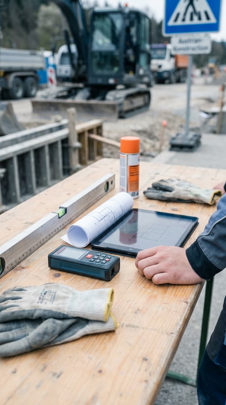 Hand einer Baufachkraft am Tablet mit Plänen neben einer Wasserwaage auf einer Baustelle mit Bagger im Hintergrund.