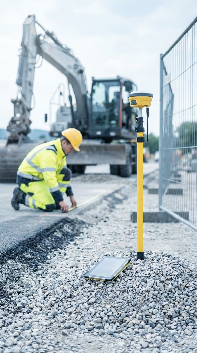 Ein Straßenbauer misst den Asphalt, im Vordergrund stehen ein gelber Vermessungsstab und ein Tablet auf Kies.