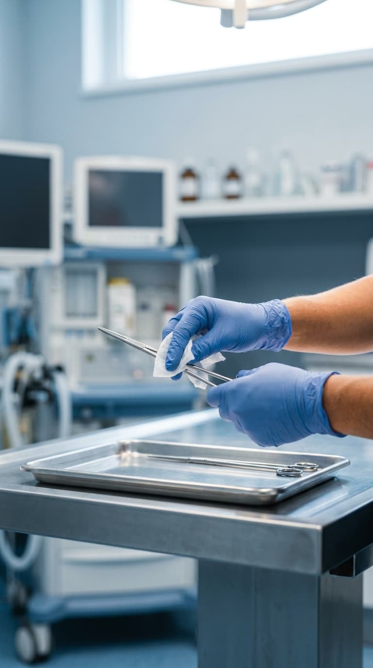 Eine OP-Assistenz in blauen Handschuhen säubert eine chirurgische Schere über einer Metallschale.