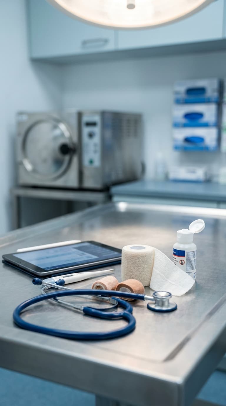 Stethoskop, Fieberthermometer, Verbandsmaterial und ein Tablet auf einem metallischen Untersuchungstisch.