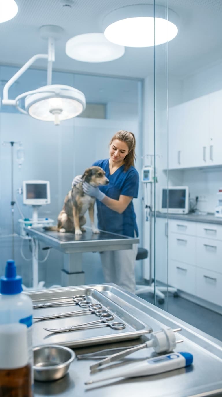 Tierärztin untersucht einen Hund auf einem Behandlungstisch. Im Vordergrund liegen medizinische Instrumente.