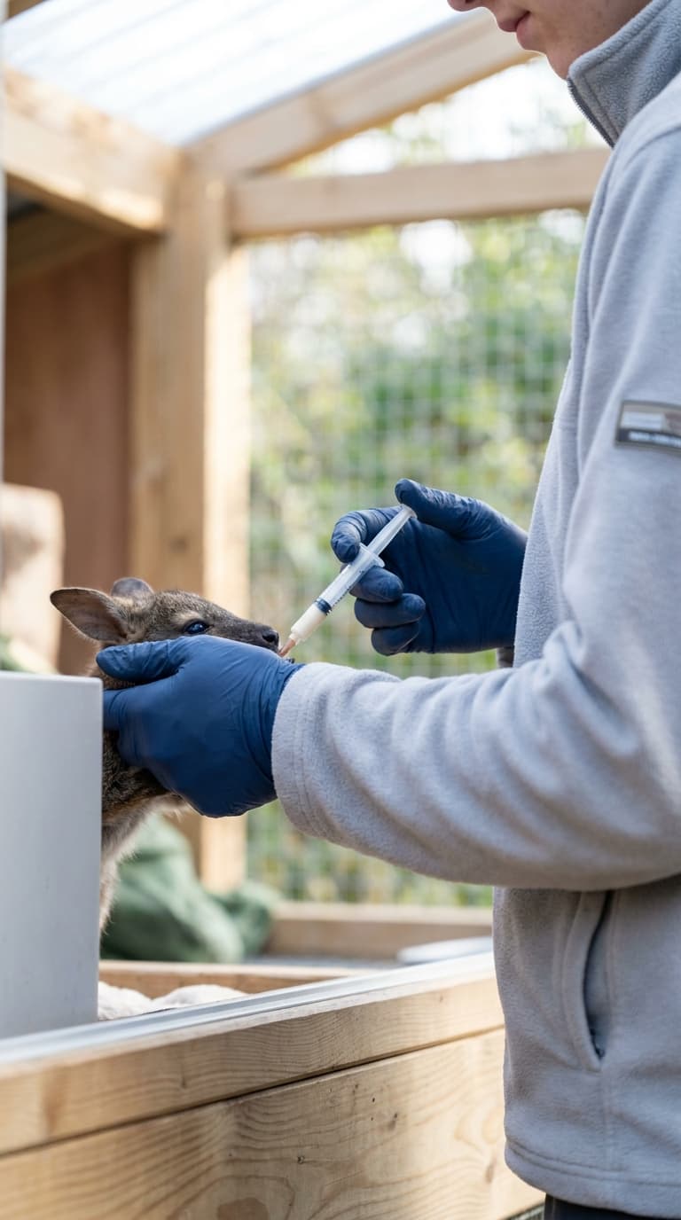 Tierpflegekraft füttert ein kleines Känguru mit einer Spritze im Gehege.