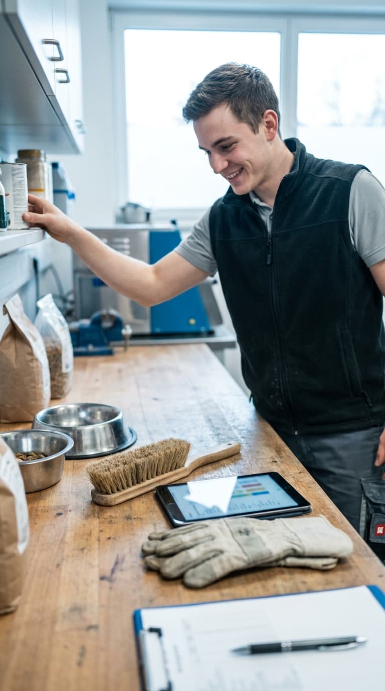 Ein lächelnder Tierpfleger greift nach einer Dose im Regal über einem Tisch mit Futternäpfen, Bürste und Tablet.