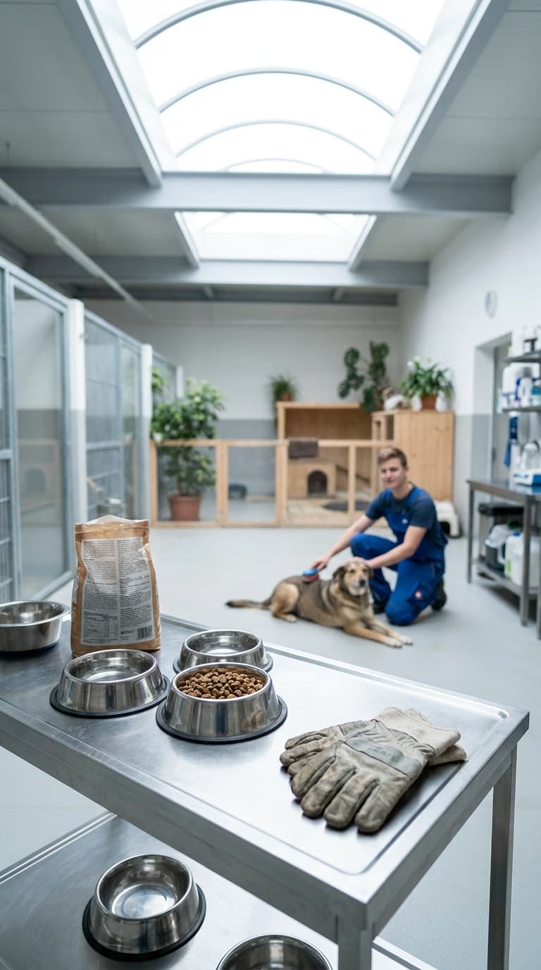 Ein Tierpfleger bürstet einen Hund im Tierheim, während im Vordergrund Futternäpfe auf einem Metalltisch stehen.