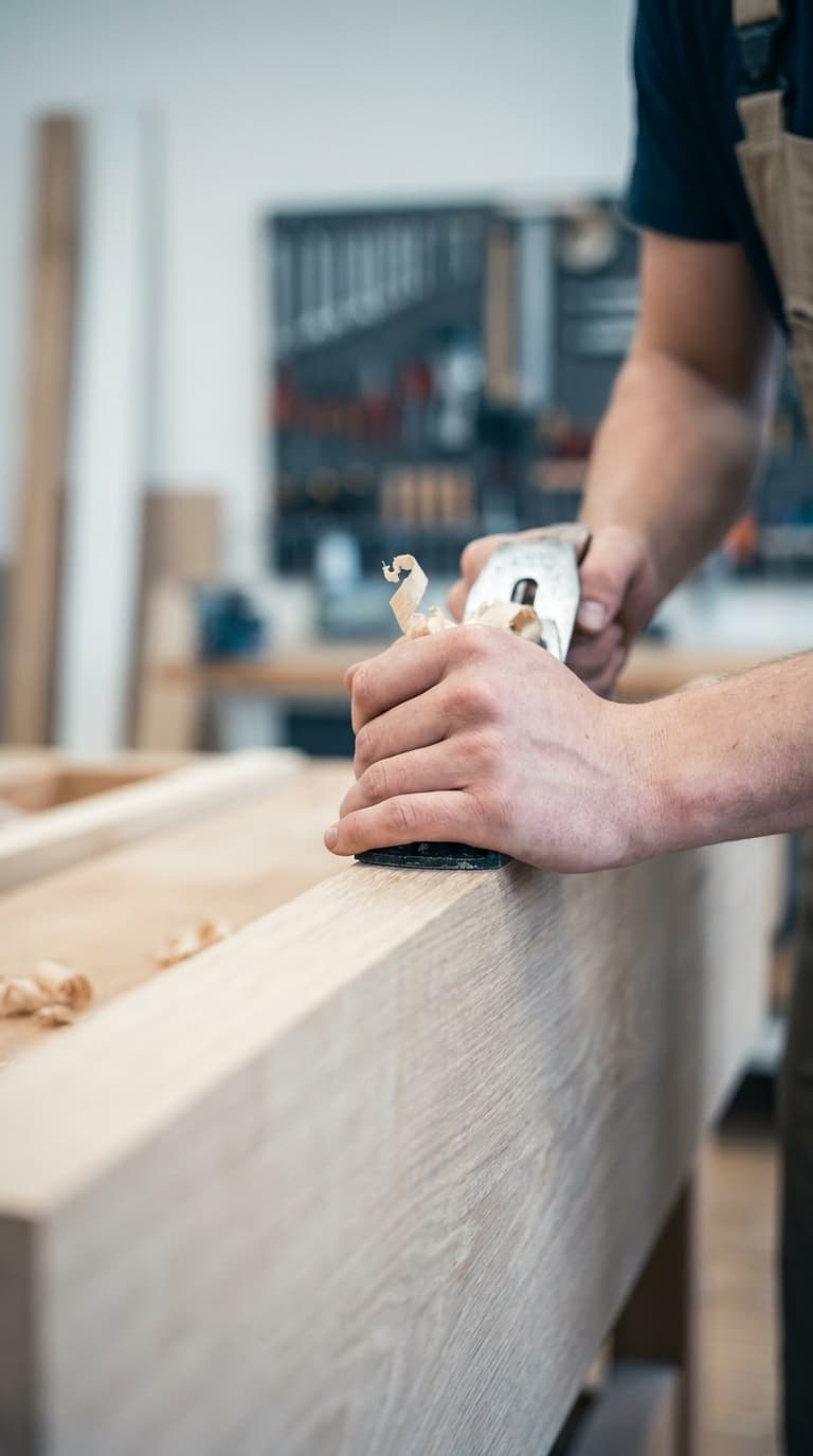 Ein Tischler hobelt ein Holzbrett mit einem Handhobel in einer Werkstatt.