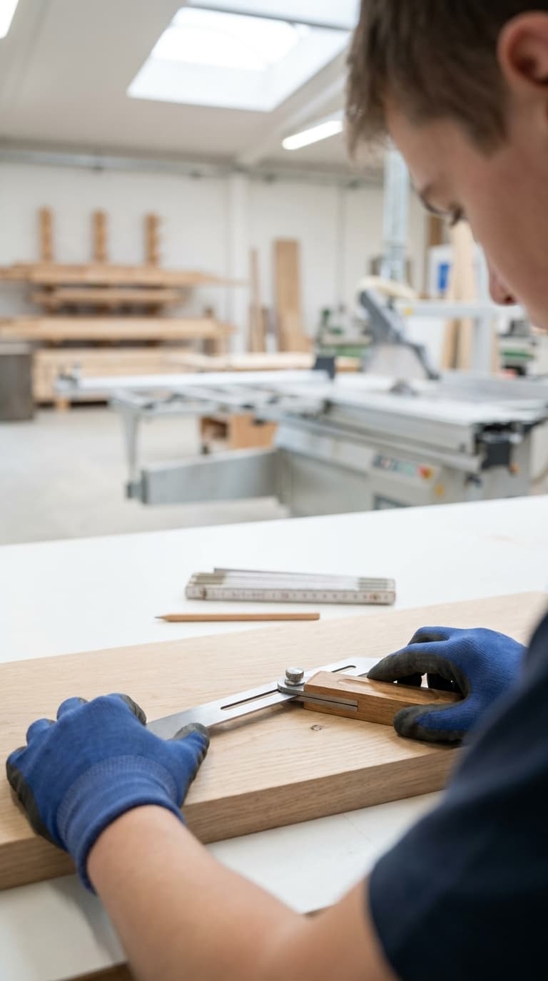 Ein Tischler misst in einer Werkstatt mit einer Schmiege einen Winkel auf einem Holzbrett ab.