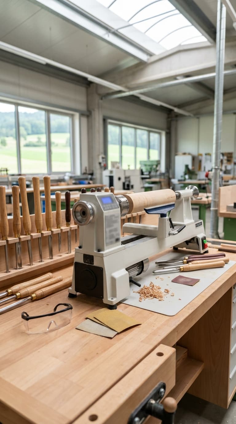 Eine Drechselbank mit eingespanntem Holz auf einer Werkbank neben Drechselwerkzeugen und einer Schutzbrille.