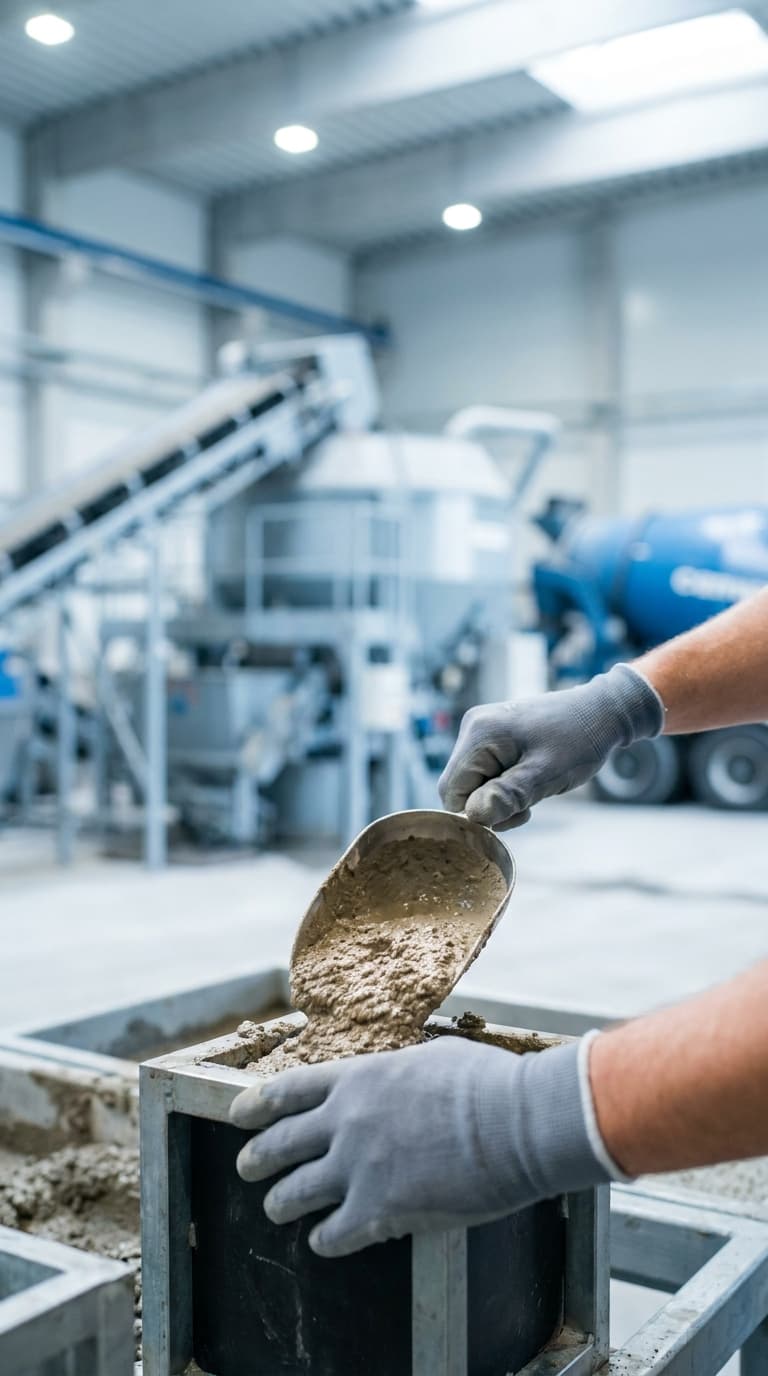 Ein Baustoffprüfer füllt frischen Beton mit einer Metallschaufel in eine Würfelform im Betonwerk.