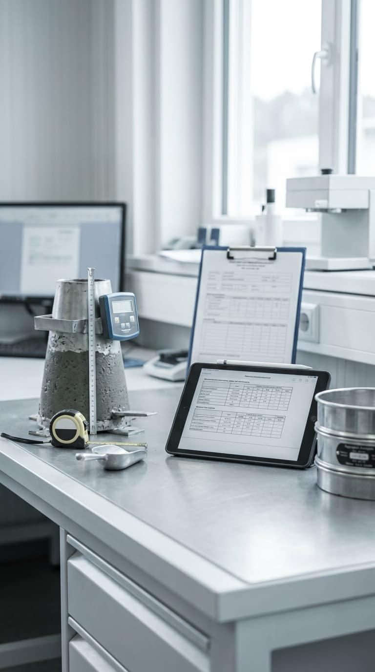 Geräte zur Betonprüfung wie ein Setzkegel, ein Rollbandmaß, ein Tablet und Siebe stehen auf einem Labortisch.