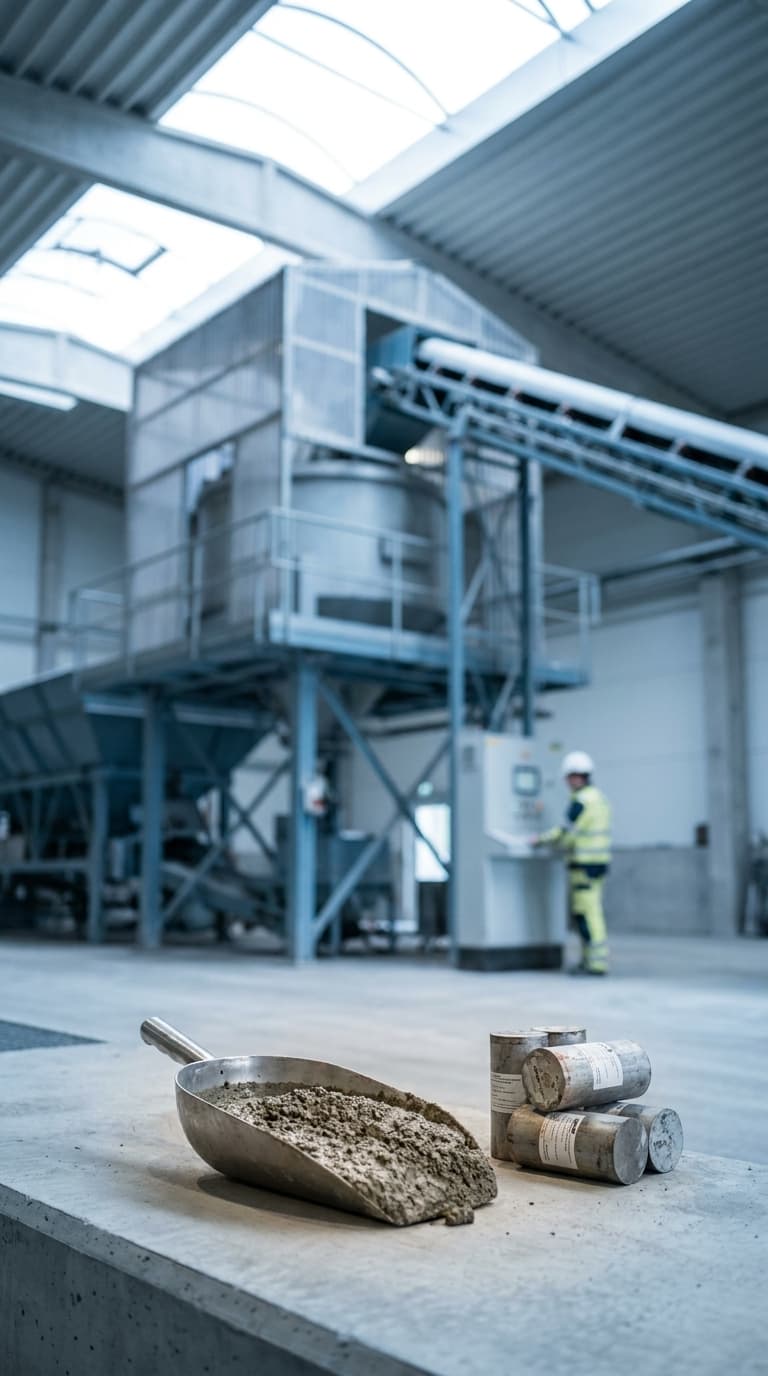 Schaufel mit frischem Beton und Betonproben vor einer Betonmischanlage mit einer Fachkraft im Hintergrund.